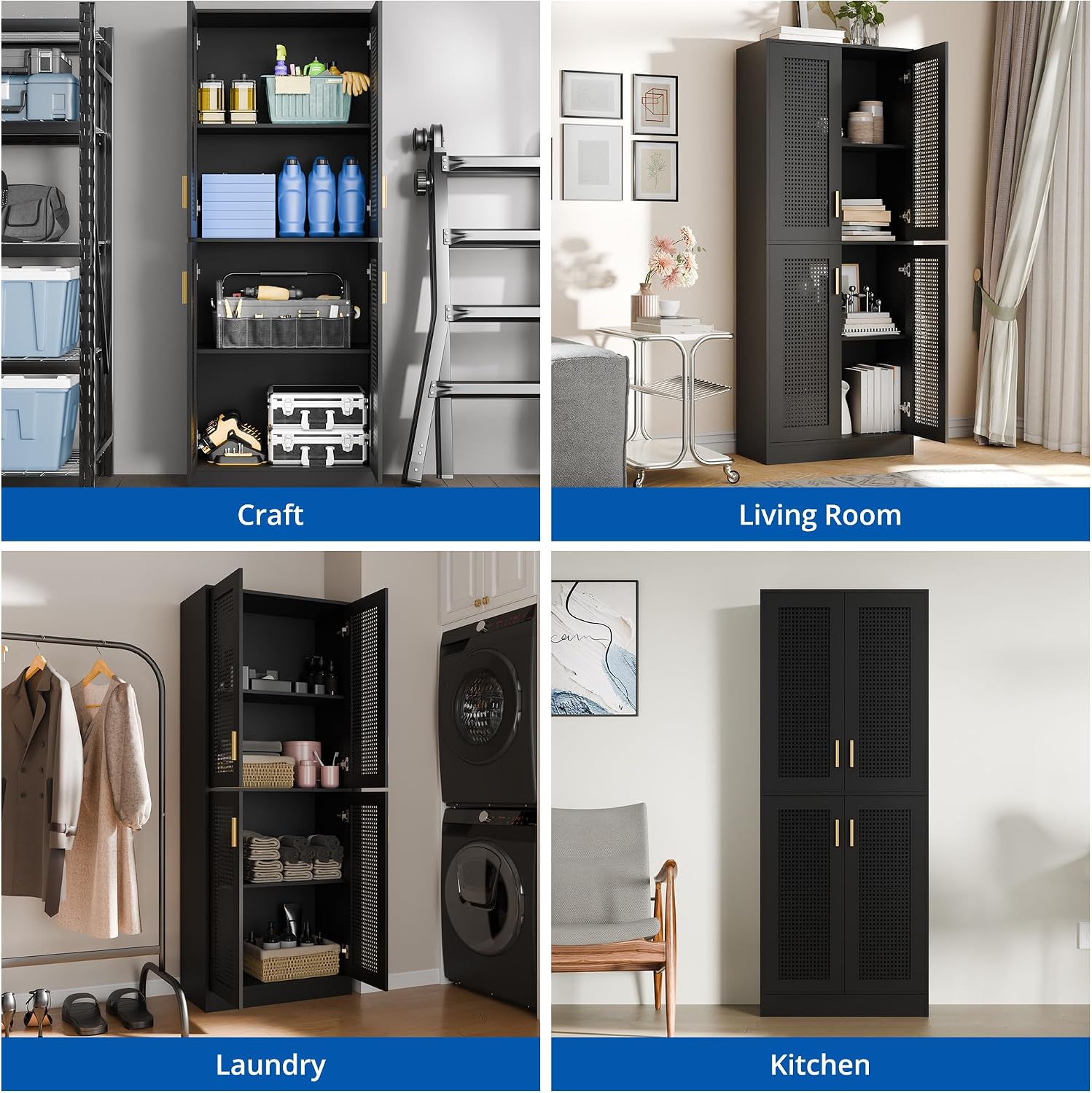 Cozy Castle Kitchen Pantry Cabinet, 71" Tall Rattan Doors Storage Cabinet and Adjustable Shelves, Modern Farmhouse Wood Cupboard Utility Hutch for Kitchen, Dining Room, Living Room (Black)
