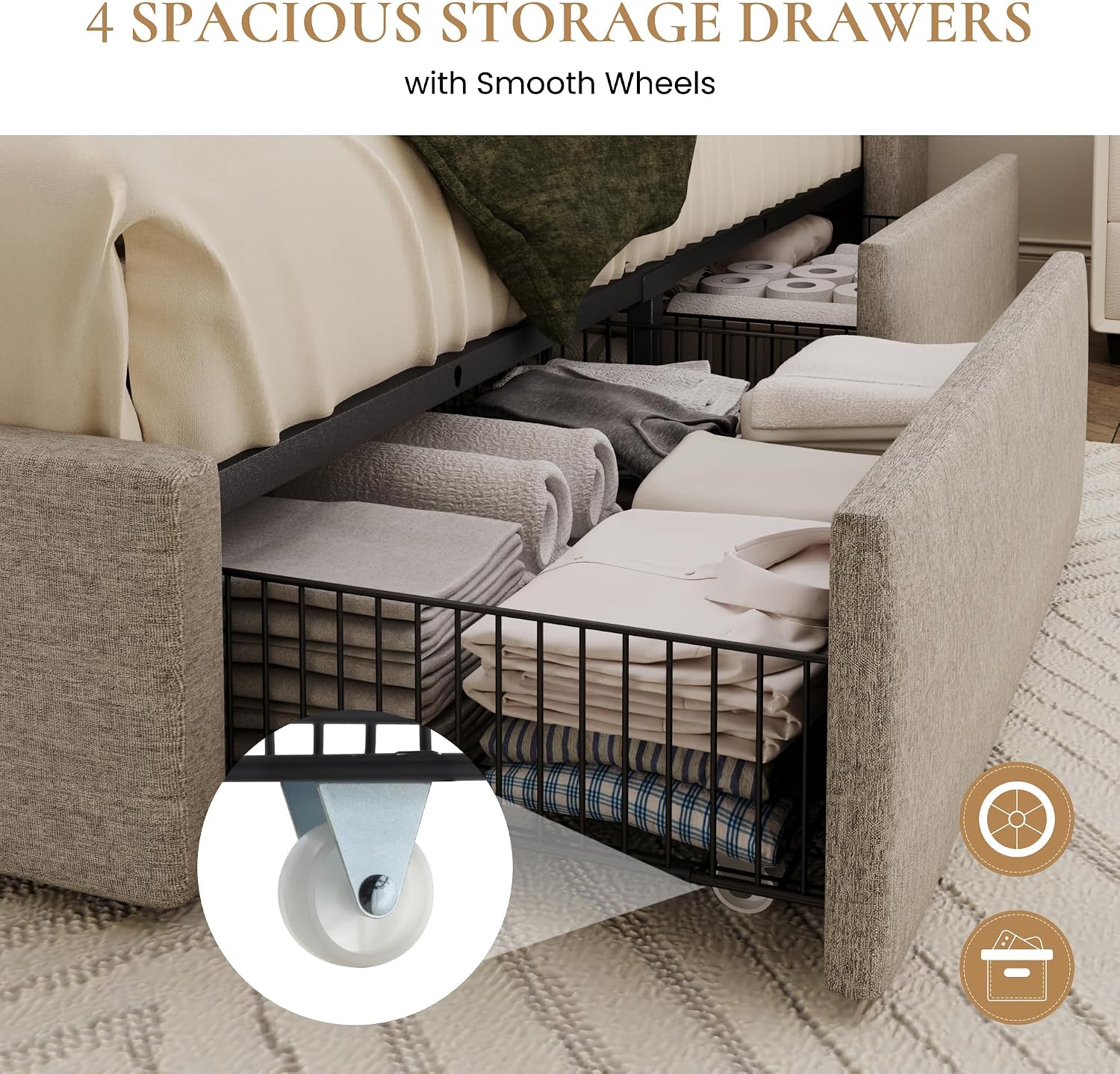 SHA CERLIN Queen Size Storage Bed Frame with 4 Oversized Drawers, Modern Wingback Headboard with Storage Shelf & Charging Station, No Box Spring Needed, Easy Assembly, Light Beige