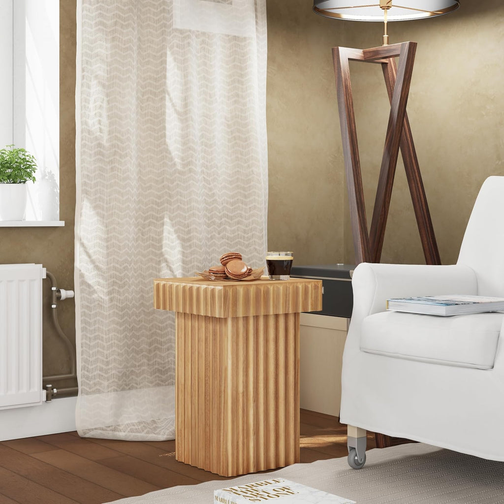 COZAYH Modern Fluted Wood End Table with Natural Oak Finish, Sculptural Accent Side Table with Textured Design, Plant Stand Small Space Furniture for Living Room, Farmhouse