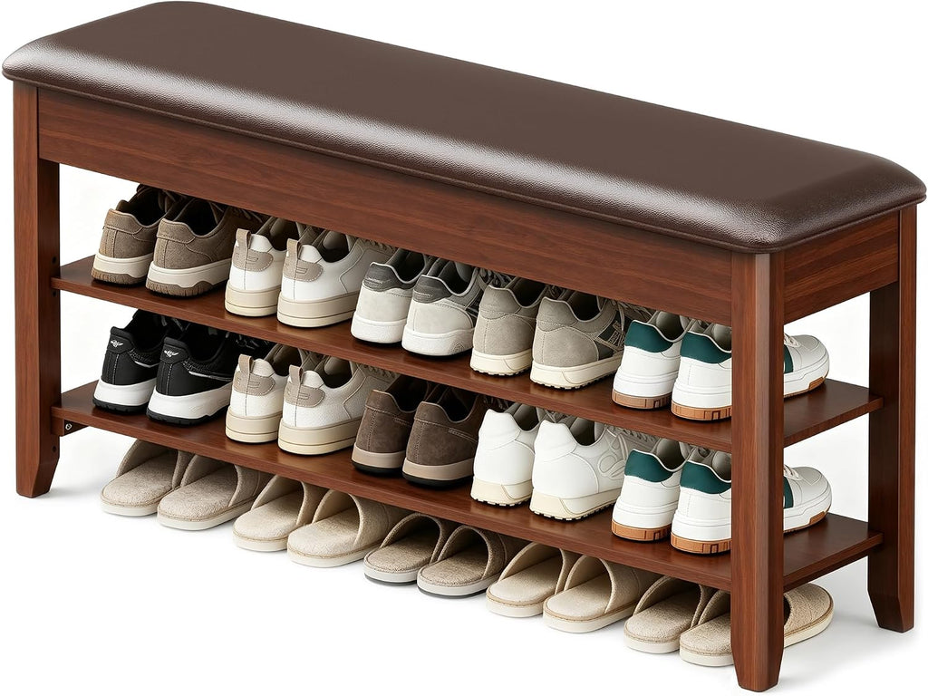 LBT Shoe Bench with Storage, Solid Rubberwood Shoe Rack Bench for Entryway | Adjustable 6.3" Shelf Fits High-Top Shoes & Boots, Hidden Storage Compartment, Cushion Seat, Stay-Open Hinge, Walnut