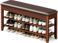 LBT Shoe Bench with Storage, Solid Rubberwood Shoe Rack Bench for Entryway | Adjustable 6.3" Shelf Fits High-Top Shoes & Boots, Hidden Storage Compartment, Cushion Seat, Stay-Open Hinge, Walnut