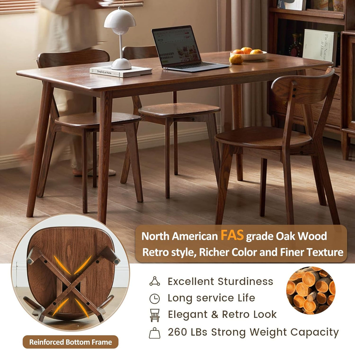 Modern Dining Chairs Set of 4, Solid Oak Wood Dining Chair with Comfortable Backrest, Sturdy Wooden Chairs for Kitchen, Dining Room