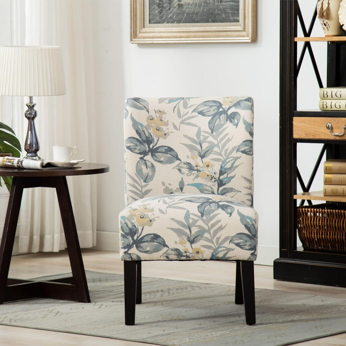 Roundhill Furniture Capa Print abric Armless Contemporary Accent Chair, Blue Leaves