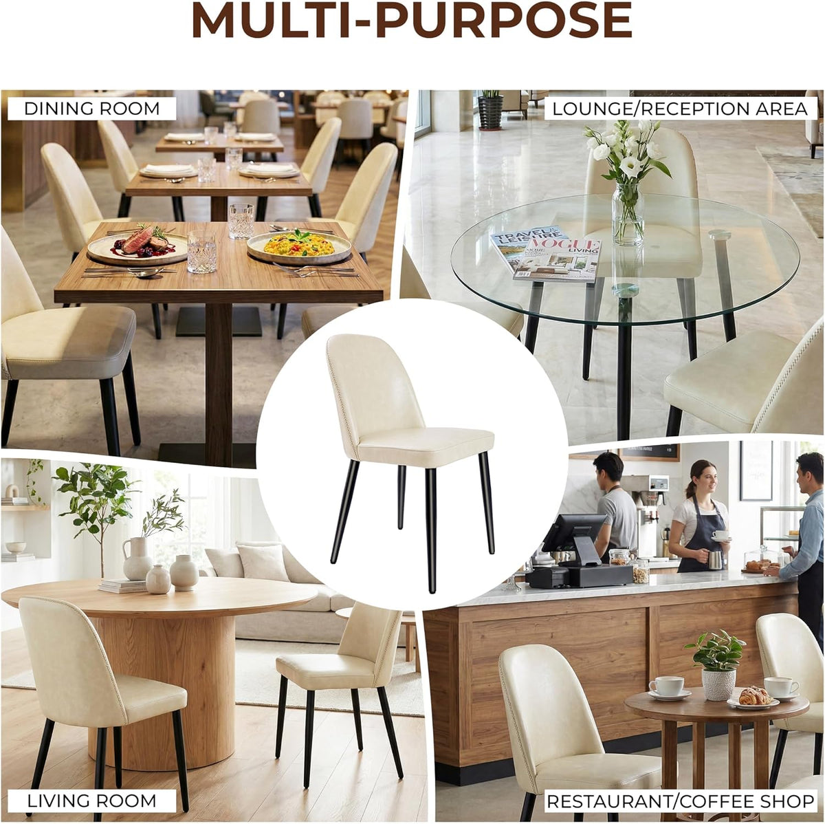 Leather Dining Chairs Set of 4, Modern Dining Room Chairs with Curved Backrest and Metal Legs Chenille Upholstered Fabric Kitchen Side Chair for Living Room, Restaurant, Cafe, Comedor, Leather, Beige