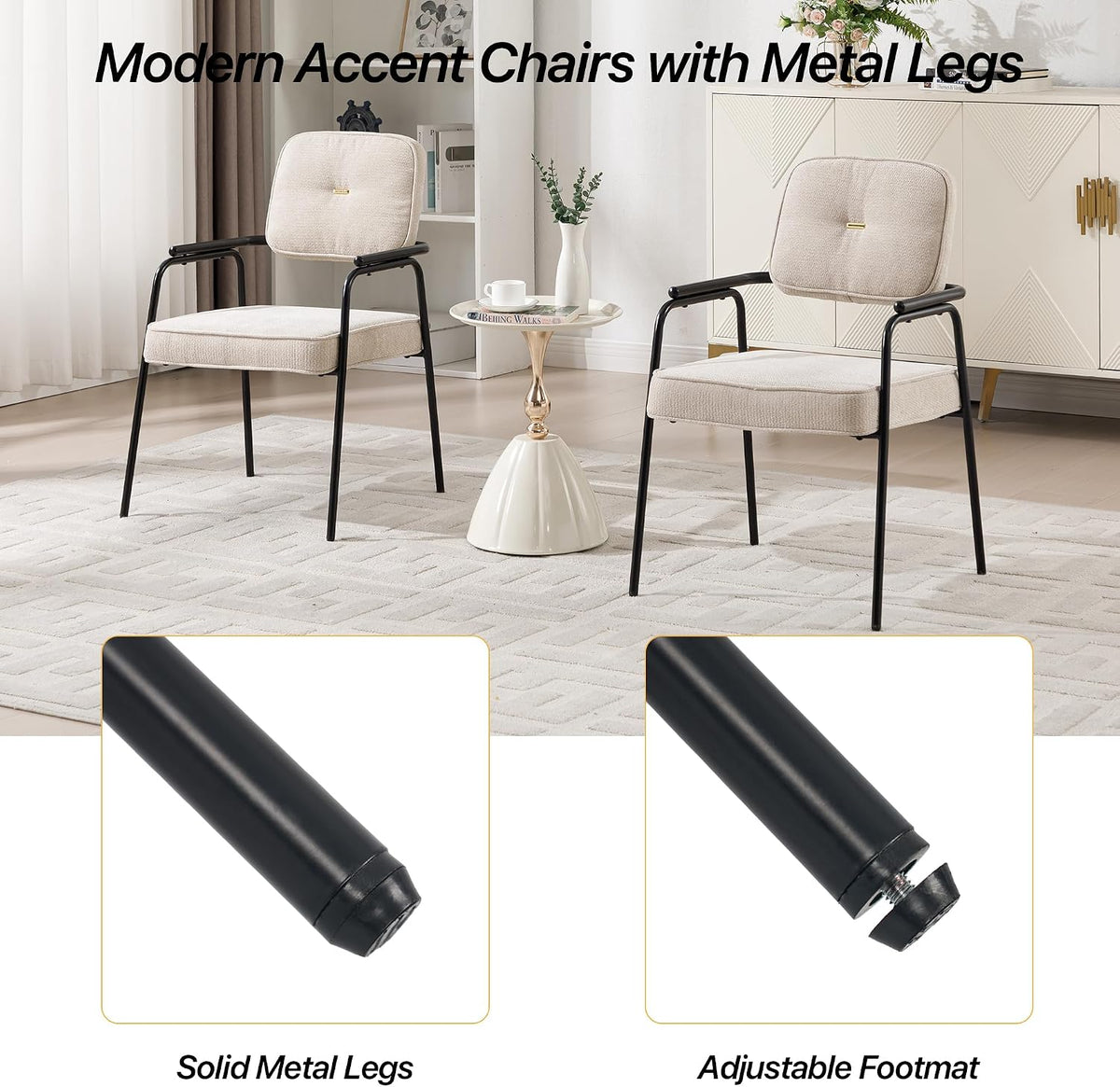 HENGJIANYI Accent Chair Dining Chair Set of 2, Chenille Upholstered Armchair Reading Side Chair, Comfy Living Room Chair with Black Metal Legs for Bedroom Waiting Room, Beige