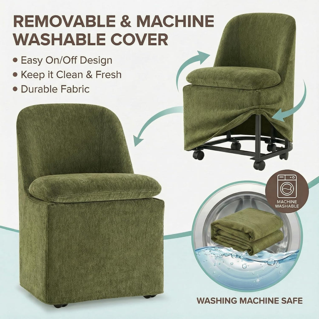 KISLOT Upholstered Dining Chairs Set of 2 with Hidden Casters, Modern Kitchen Chairs with Removable Washable Cover, Padded Dining Room Chairs with Chenille Velvet Fabric & Metal Frame, Green