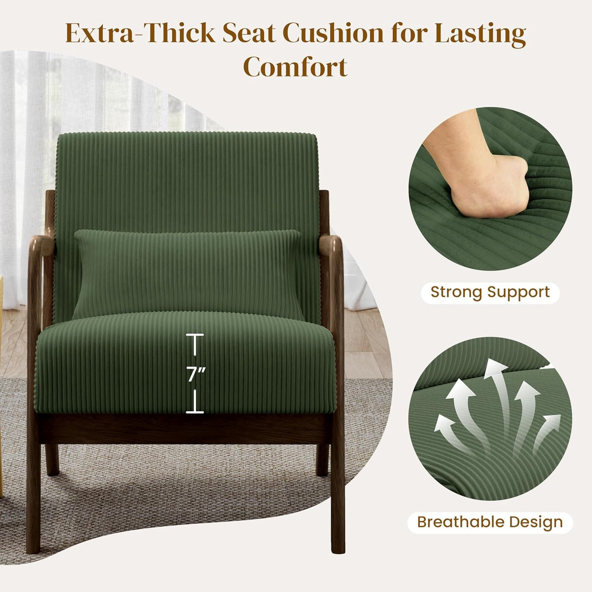 Yaheetech Accent Chair for Living Room, Corduroy Mid Century Modern Reading Armchairs with Lumbar Pillow for Bedroom, Decorative Sofa Chair for Adult Dark Green/Set of 2