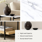 End Table with 2 Tier Wood Open Shelf, Rectangular Sofa Side Table with Metal Frame and Faux Marble, Bedside Nightstand for Bedroom Living Room Small Space, Natural Oak