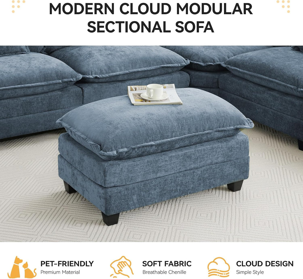 35‘’ Modern Chenille Cloud Sofa Ottoman,Rectangle Ottoman for Modular Sectional Sofa, Blue