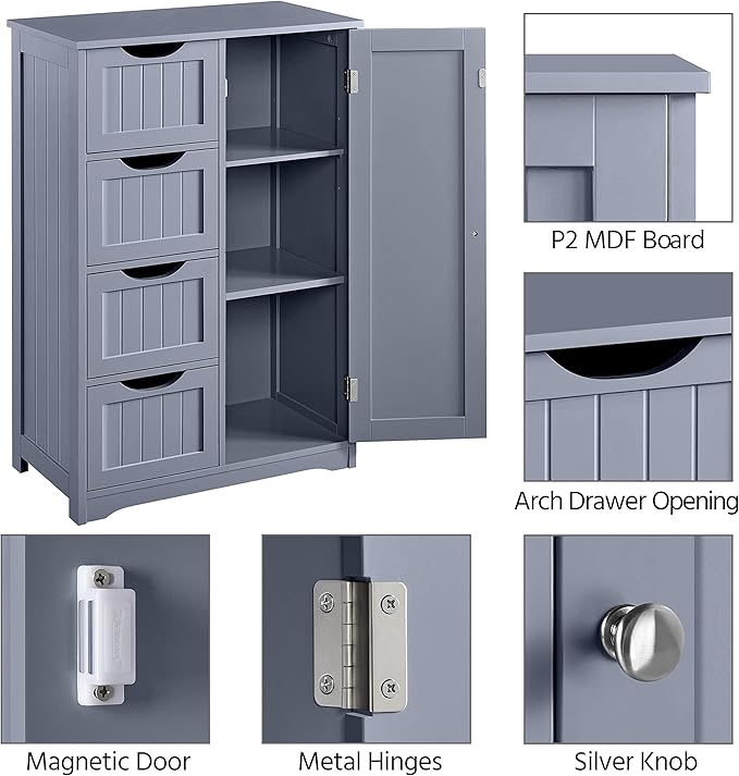 Yaheetech Bathroom Floor Cabinet, Freestanding Storage Organizer Unit Kitchen Cupboard W/ 4 Drawers & Adjustable Shelves, Using for Kitchen/Bathroom, Gray