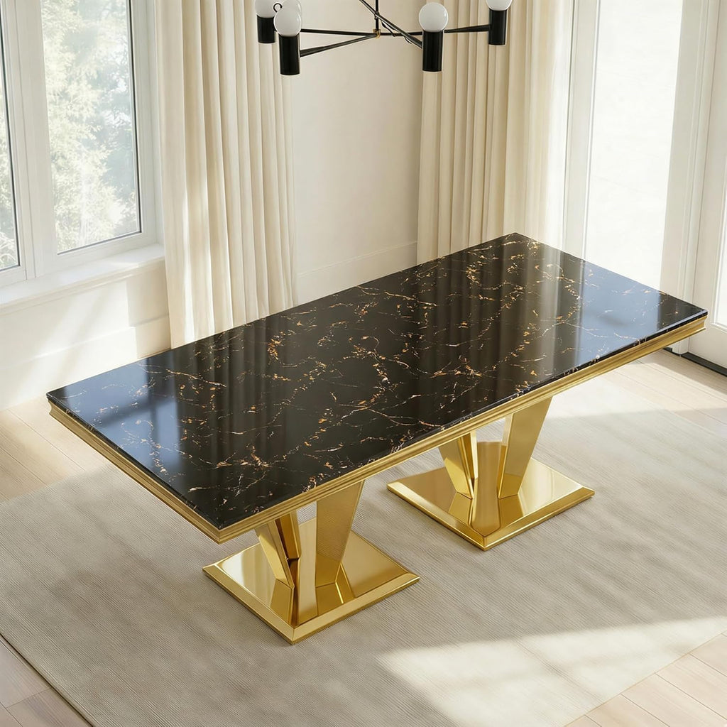66.9" Dining Table for 4-6,Elegant Kitchen Table with Faux Marble Top Dining Room Furniture with Gold Base MDF Imitaion Marble Grain Top for Kitchen Dining Room/Meeting Room