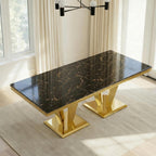 66.9" Dining Table for 4-6,Elegant Kitchen Table with Faux Marble Top Dining Room Furniture with Gold Base MDF Imitaion Marble Grain Top for Kitchen Dining Room/Meeting Room