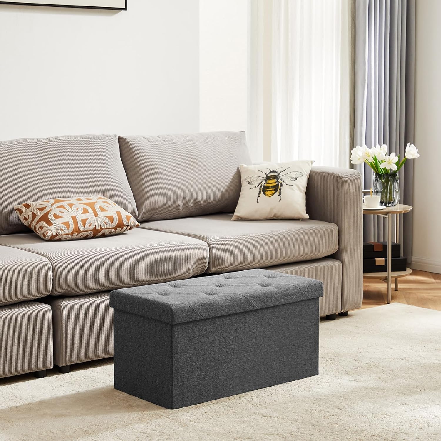 DUMOS 30in Storage Ottoman Bench, Storage Chest | End of Bed Foot Rest Stool with Padded Seat, Bedroom Bench for Living Room, Bedroom, Support 660lbs, Grey