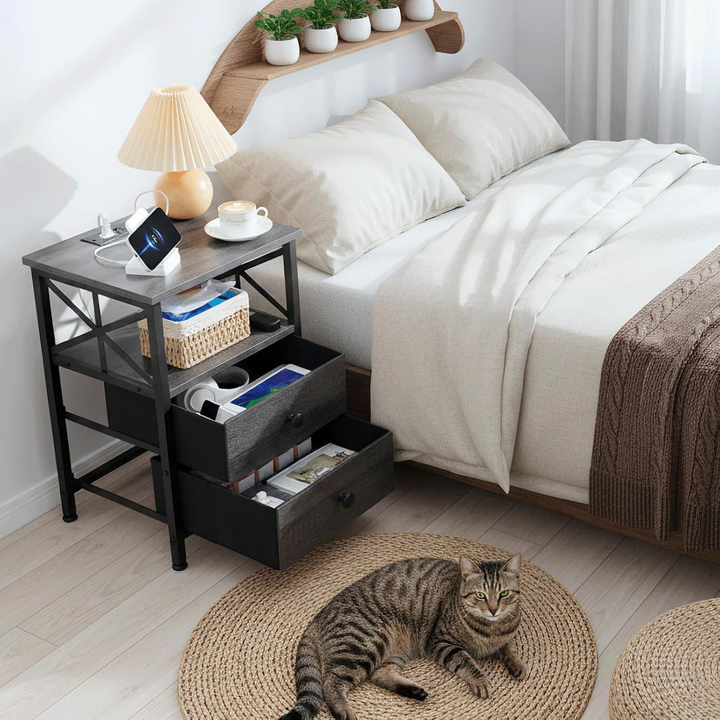 AMHANCIBLE Nightstands Set of 2, Large Night Stand with Charging Station | Bedside Table with 2 Fabric Drawers, End Side Tables Living Room, with Open Shelf, USB Ports Outlets, for Bedroom, Dark Grey