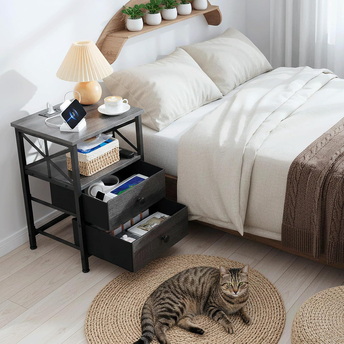 AMHANCIBLE Nightstands Set of 2, Large Night Stand with Charging Station | Bedside Table with 2 Fabric Drawers, End Side Tables Living Room, with Open Shelf, USB Ports Outlets, for Bedroom, Dark Grey