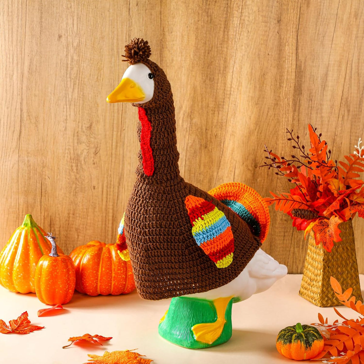 Abbylike Turkey Porch Goose Outfit Fall Thanksgiving Porch Goose Outfits Costume Clothes Fits Large 23'' Cement for Garden Yard Statue Pathway Decorations