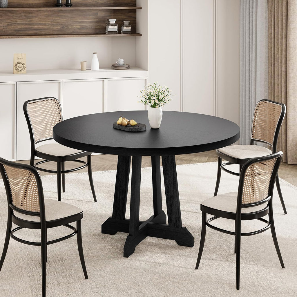 GarveeHome Round Dining Table for 4, 47 Inches Dining Room Table with Wooden Base, Kitchen Table with Circle Tabletop, Dinner Table for Dining Room, Kitchen, Living Room, Black