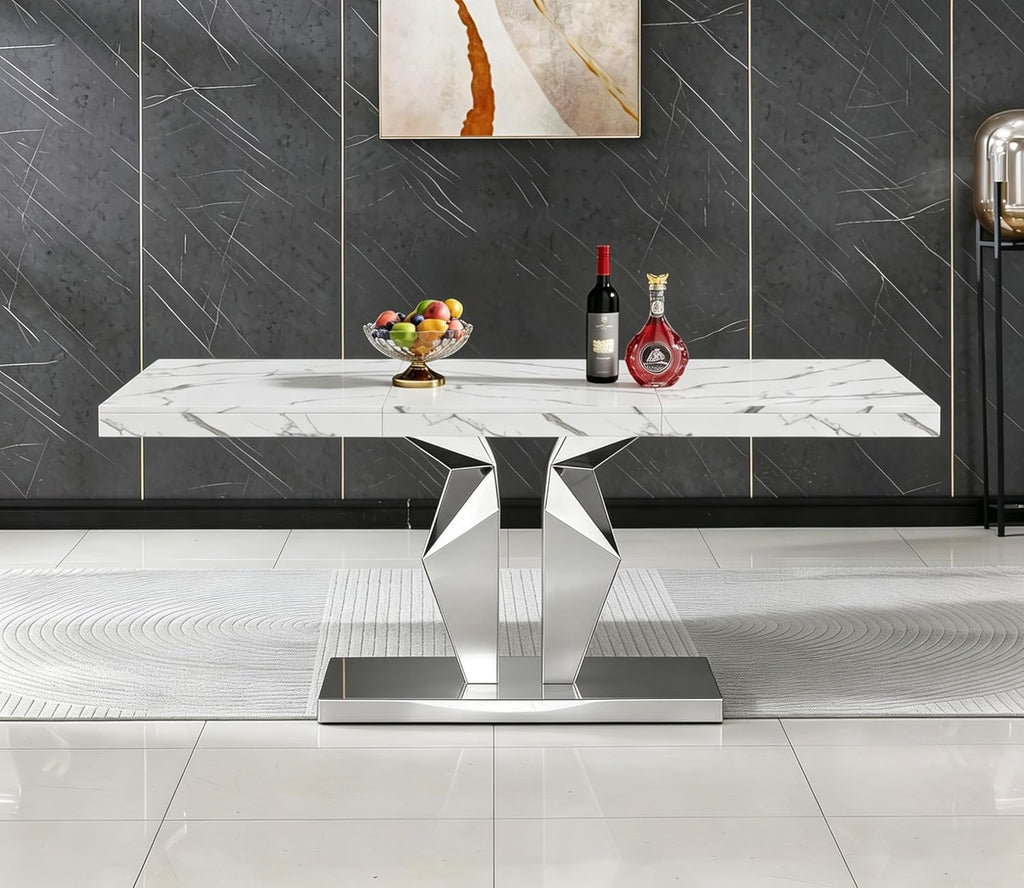 Henf Luxury Marble Dining Table for 6-8 Rectangular 70" Faux Marble Kitchen Table with Silver Mirrored Stainless Steel Base,White Faux Marble Large Long Pedestal Table (Table Only)