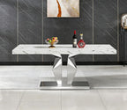 Henf Luxury Marble Dining Table for 6-8 Rectangular 70" Faux Marble Kitchen Table with Silver Mirrored Stainless Steel Base,White Faux Marble Large Long Pedestal Table (Table Only)