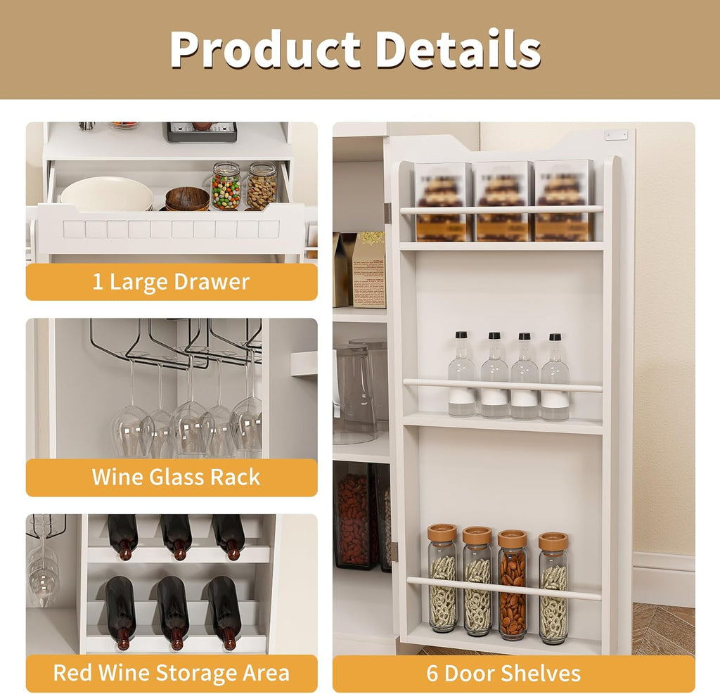 70.8" Tall Pantry Cabinet with Hutch, Sideboard Storage Cabinet with Drawer for Dining Room, Living Room, Wine Bar Cabinet for Liquor and Glasses for Coffee Bar, White