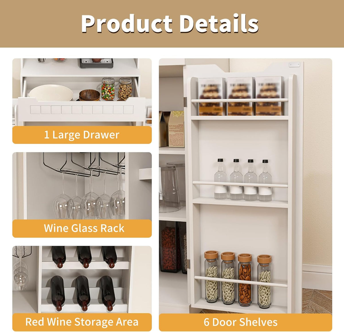 70.8" Tall Pantry Cabinet with Hutch, Sideboard Storage Cabinet with Drawer for Dining Room, Living Room, Wine Bar Cabinet for Liquor and Glasses for Coffee Bar, White
