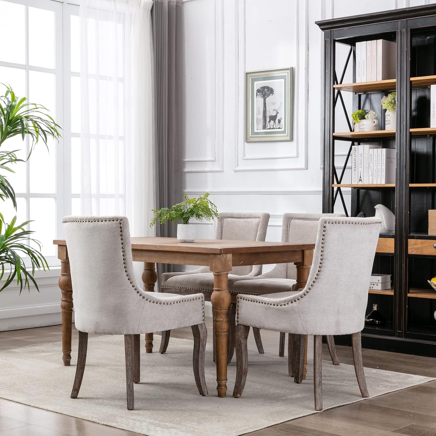 Ball & Cast Mid-Century Upholstered Dining Chairs Set of 2, Thickened Fabric Wingback Kitchen Chairs with Bronze Nail Head & Toned Solid Wood Legs, Beige