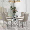 5 Pieces Silver Glass Dining Table Set, Modern Luxury Square Kitchen Table Set for 4, 36'' Clear Minimalist Glass Top Dinner Set, Beige High-end Tufted Chairs, for Small Place Living Room
