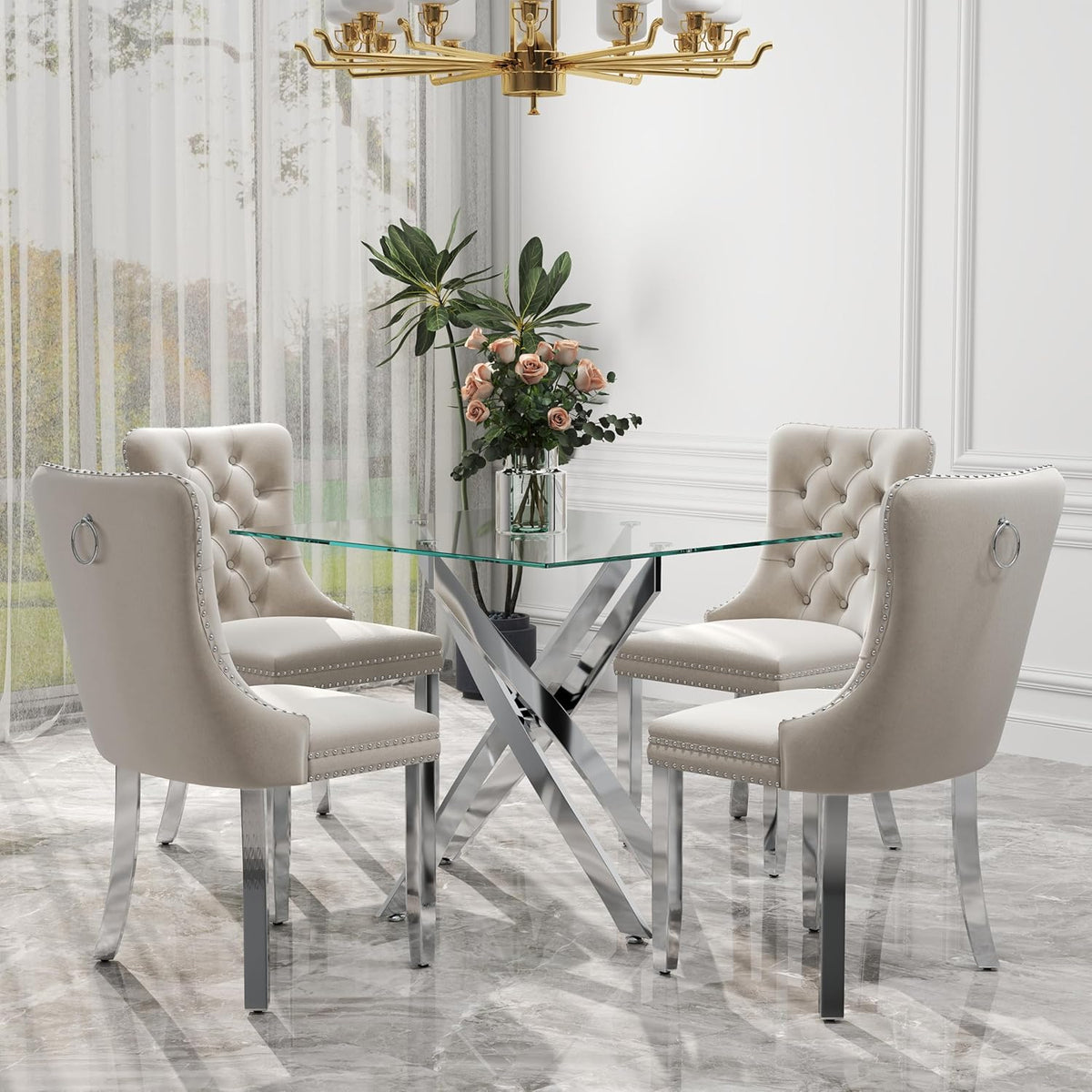 5 Pieces Silver Glass Dining Table Set, Modern Luxury Square Kitchen Table Set for 4, 36'' Clear Minimalist Glass Top Dinner Set, Beige High-end Tufted Chairs, for Small Place Living Room