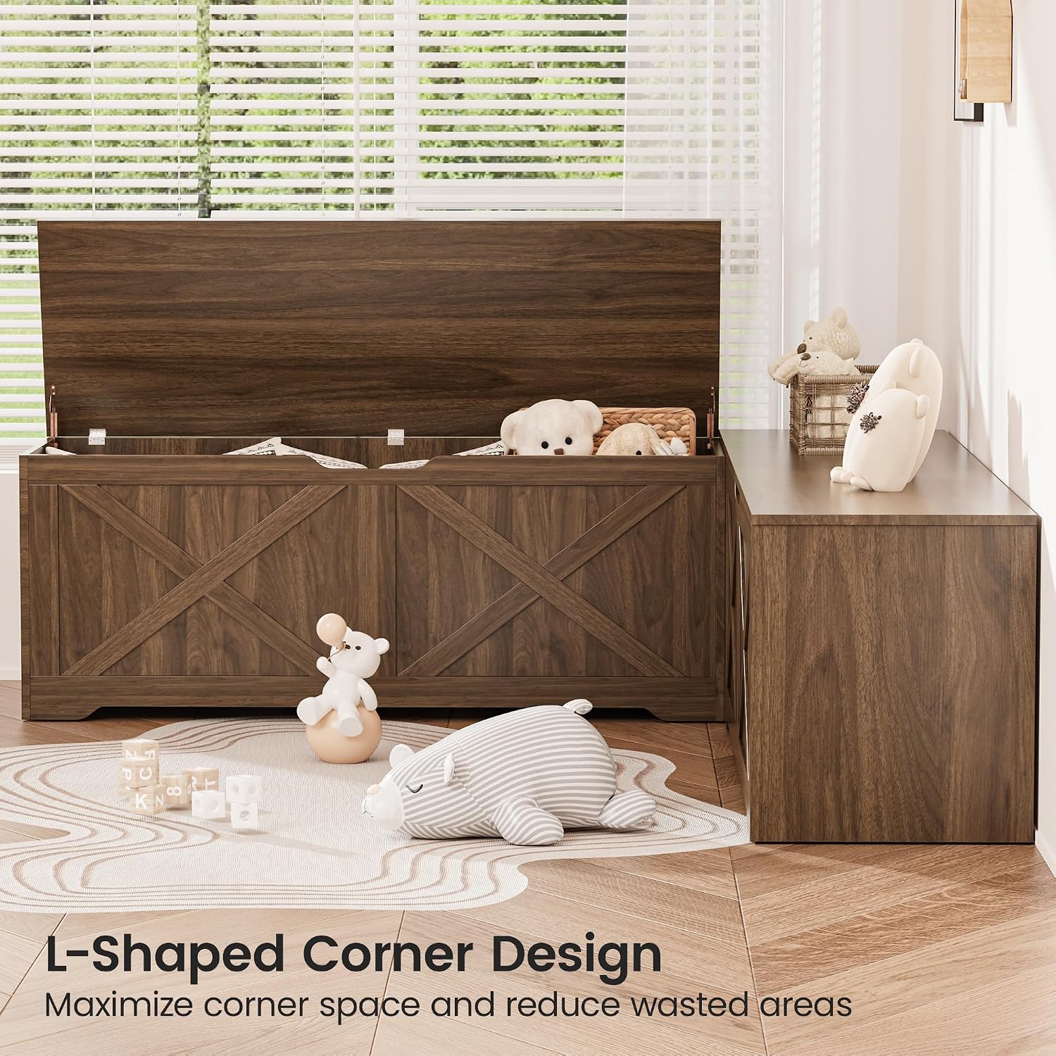 L Shaped Storage Bench, 63" Corner Bench with Storage, Breakfast Nook Bench with 3 Hidden Flip-Top Compartments, Backless Dining Bench for Kitchen, Entryway, Dining Room, Walnut