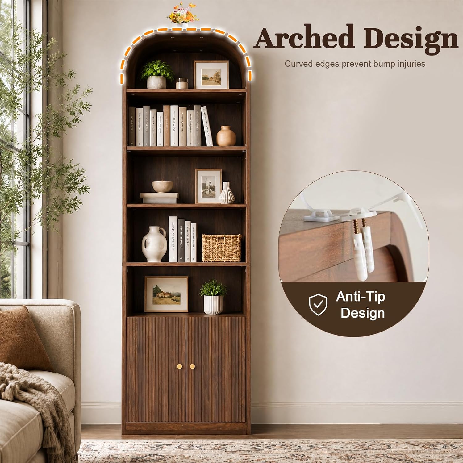 71" Tall Arched Bookshelf with Door, 7 Tiers Arched Bookcase with Storage, Adjustable Book Shelves for Living Room, Kitchen, Home Office, Walnut