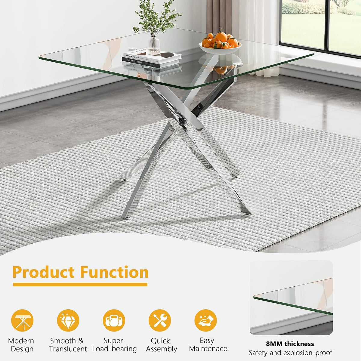 36 inch Square Glass Dining Table, Modern Dining Table for 4, Square Kitchen Table with Tempered Glass Top & Silver Chrome Metal Legs for Dining Room, Living Room, Apartment, Small Space
