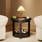 Solid Wood Round End Table with Storage Shelf, 22" W x 20" H, Mid Century Modern Wooden Coffee/End/Side Table for Bedroom Living Room, Black