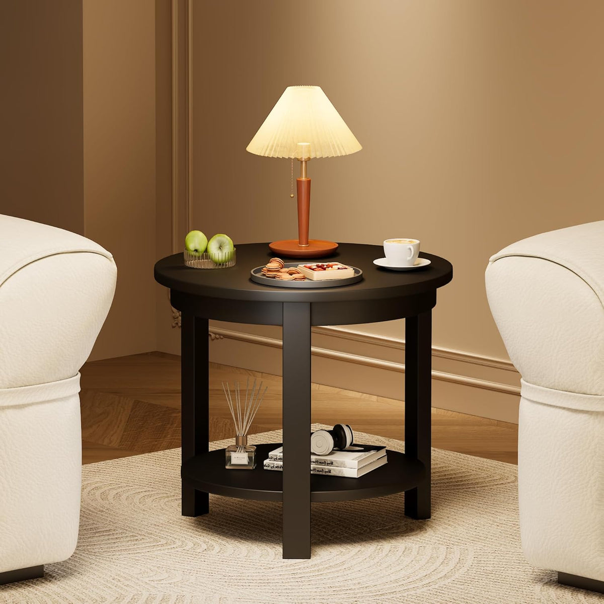 Solid Wood Round End Table with Storage Shelf, 22" W x 20" H, Mid Century Modern Wooden Coffee/End/Side Table for Bedroom Living Room, Black