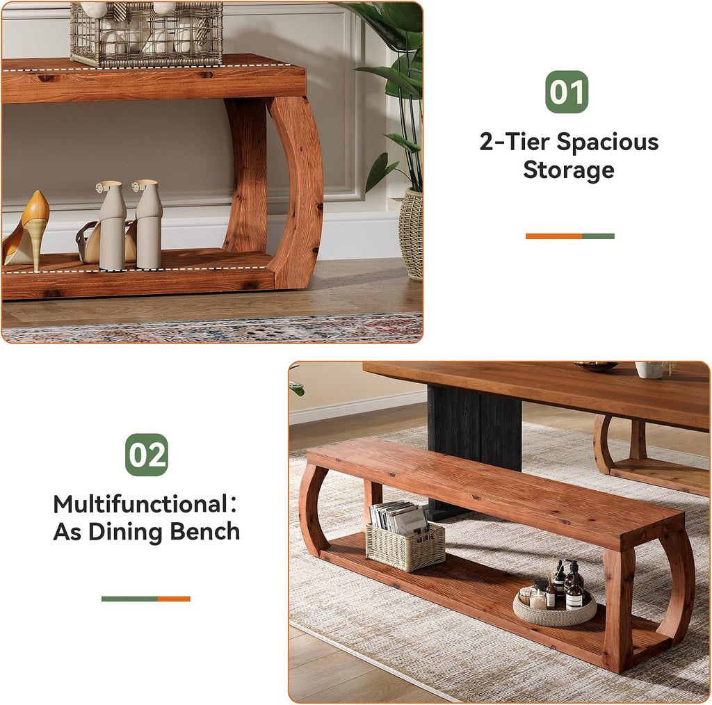 2-Tier Solid Wood Entryway Bench, 59" Long Farmhouse End of Bed Bench with Open Shelves, Rustic Shoe Storage Wooden Seating for Entry, Kitchen, Living Room, Bedroom, Hallway (Rustic Brown)