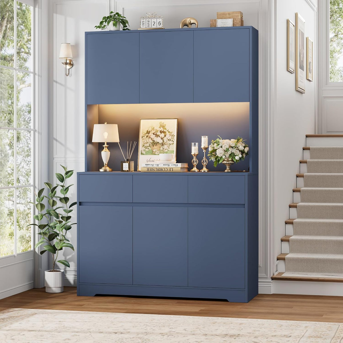 FINETONES 71" Pantry Cabinet with Power Outlets and Led Lights | Large Kitchen Hutch Storage with Microwave Stand, Tall Pantry Kitchen Cabinet with Cupboard, Blue