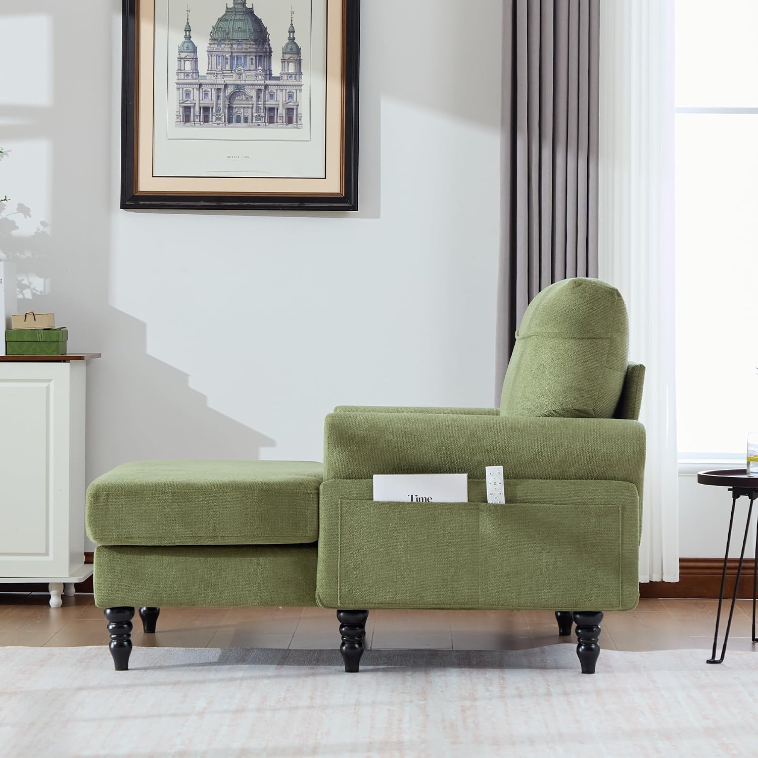 Eafurn 38" Modern Chaise Lounge Recliner Daybed Indoor, Comfy Chenille Upholstered Single Sofa Bed with Wodden Legs and Side Pockets, Deep Seat Sleeper Armchairs Couch for Living Room