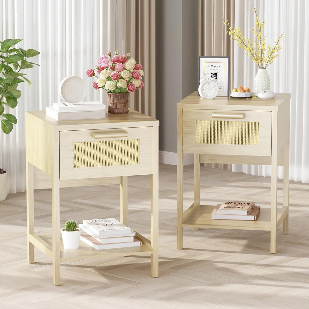 furlinkhm Rattan Nightstand, Boho Bedside Table, 23" Rattan Nightstand, End Table with Drawer, Wood Bedside Table Boho End Tables Side Tables with Storage Shelf, Suitable for Bedroom, Living Room