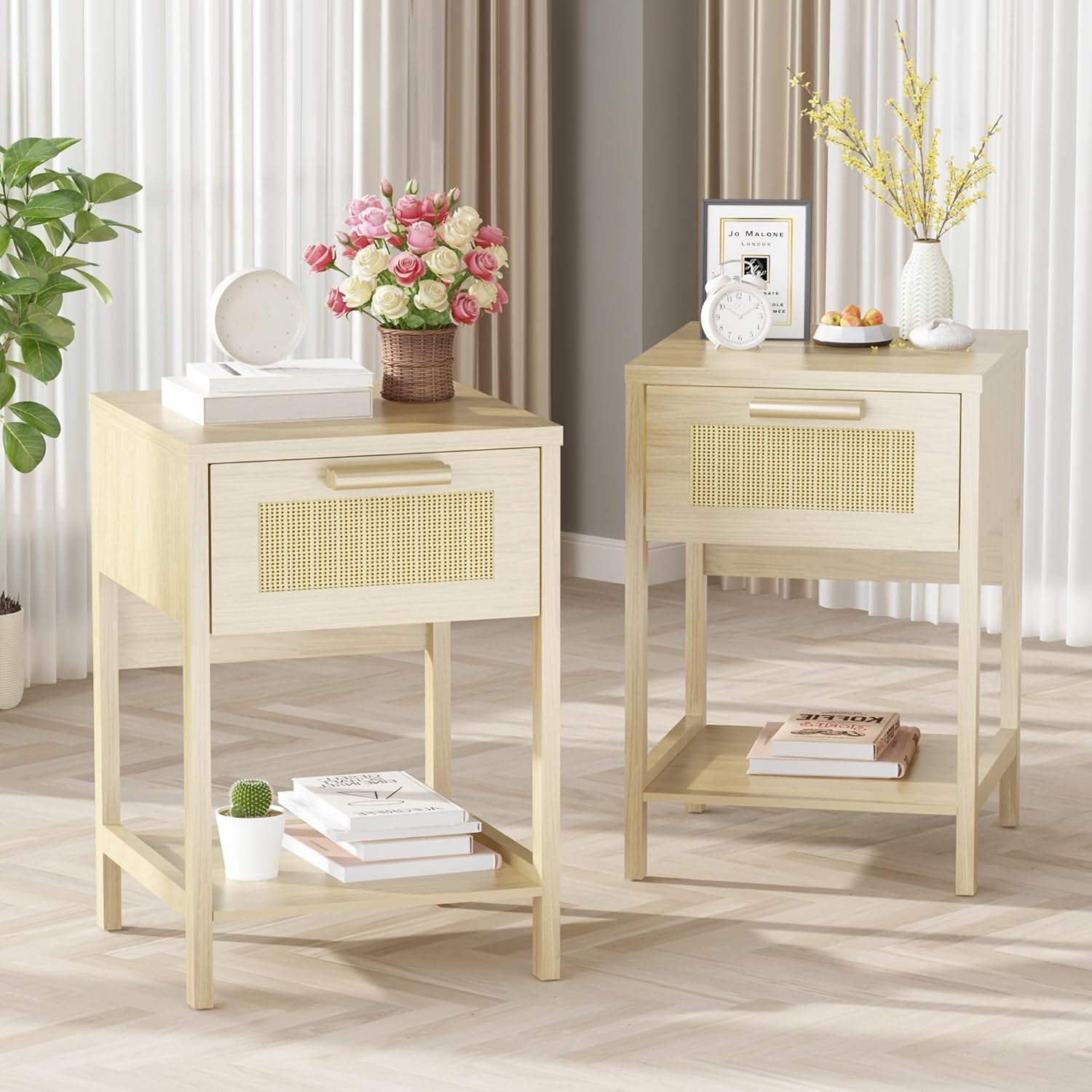 furlinkhm Rattan Nightstand, Boho Bedside Table, 23" Rattan Nightstand, End Table with Drawer, Wood Bedside Table Boho End Tables Side Tables with Storage Shelf, Suitable for Bedroom, Living Room