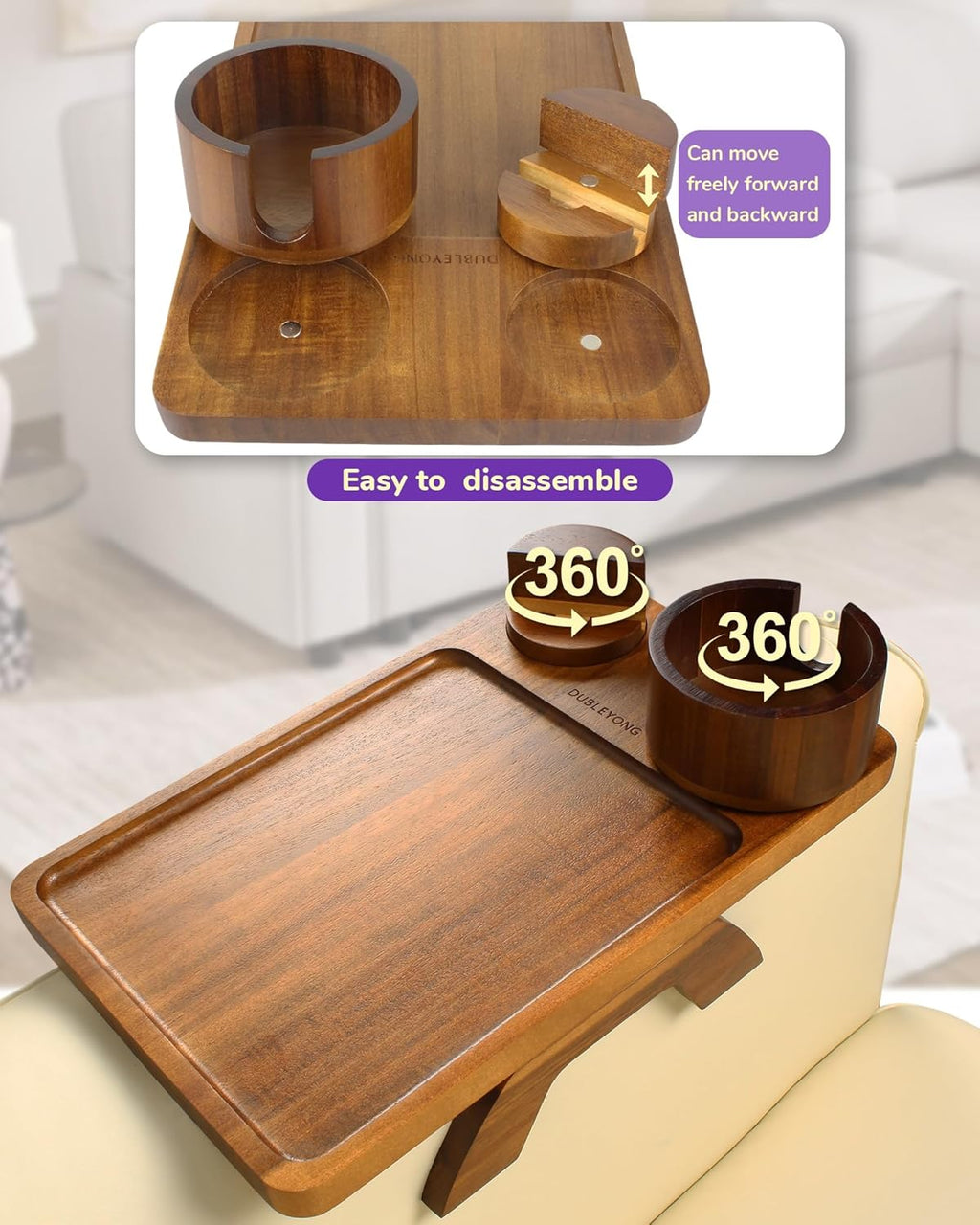 Couch Arm Tray Table with Oversized Cup Holder & Adjustable Phone Stand – Foldable Acacia Wood Sofa Armrest Clip Table for Wide Couches, Recliners, and Living Room Use