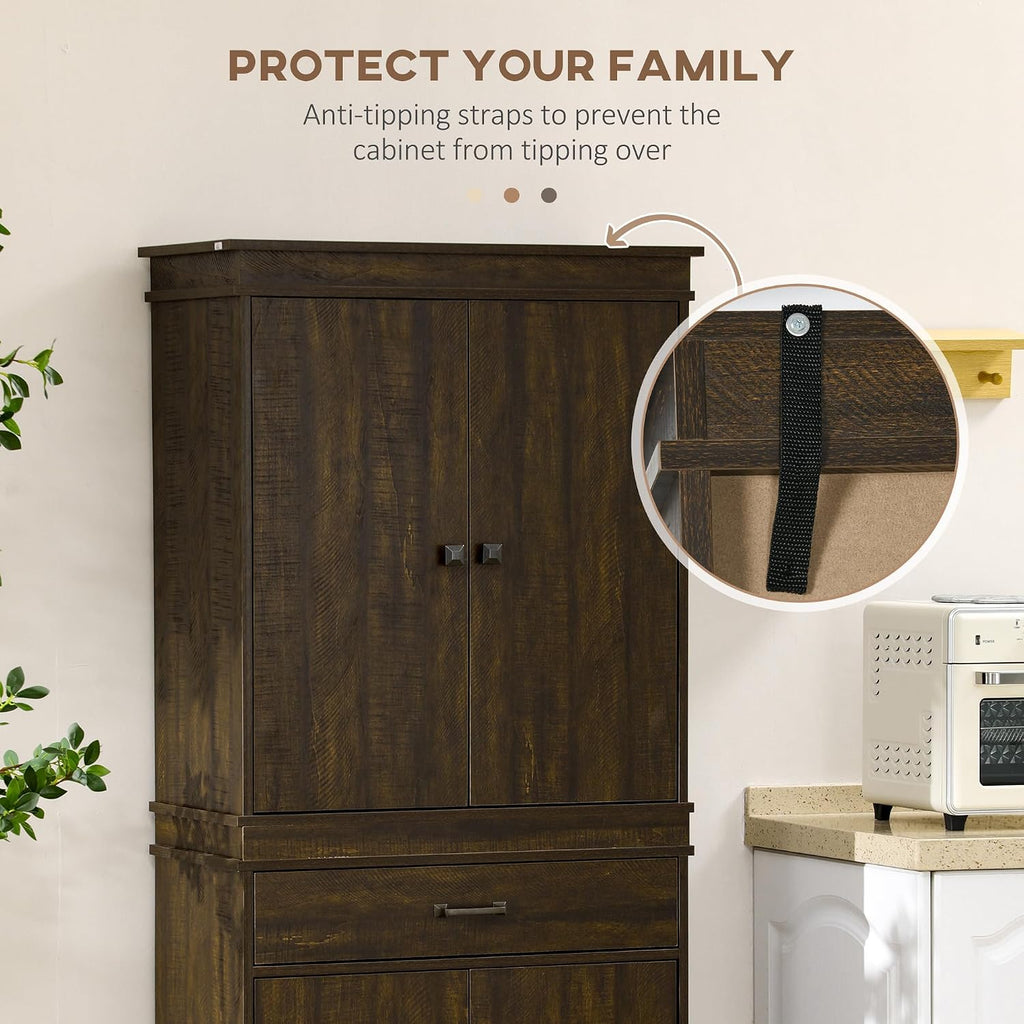 HOMCOM 72" Farmhouse Kitchen Pantry, 4-Door Rustic Storage Cabinet with Drawer and 3 Shelves, Walnut