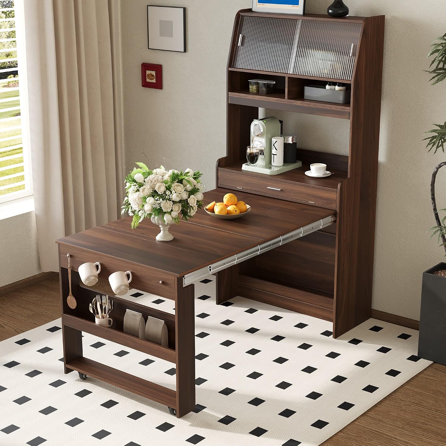 L-Shaped Kitchen Pantry with Hutch and Foldable Dining Table, Sideboard Buffet Cabinet with Sotrage Shelf and Side Hooks, Foldable Cupboard for Kitchen, Dining Room, Walnut