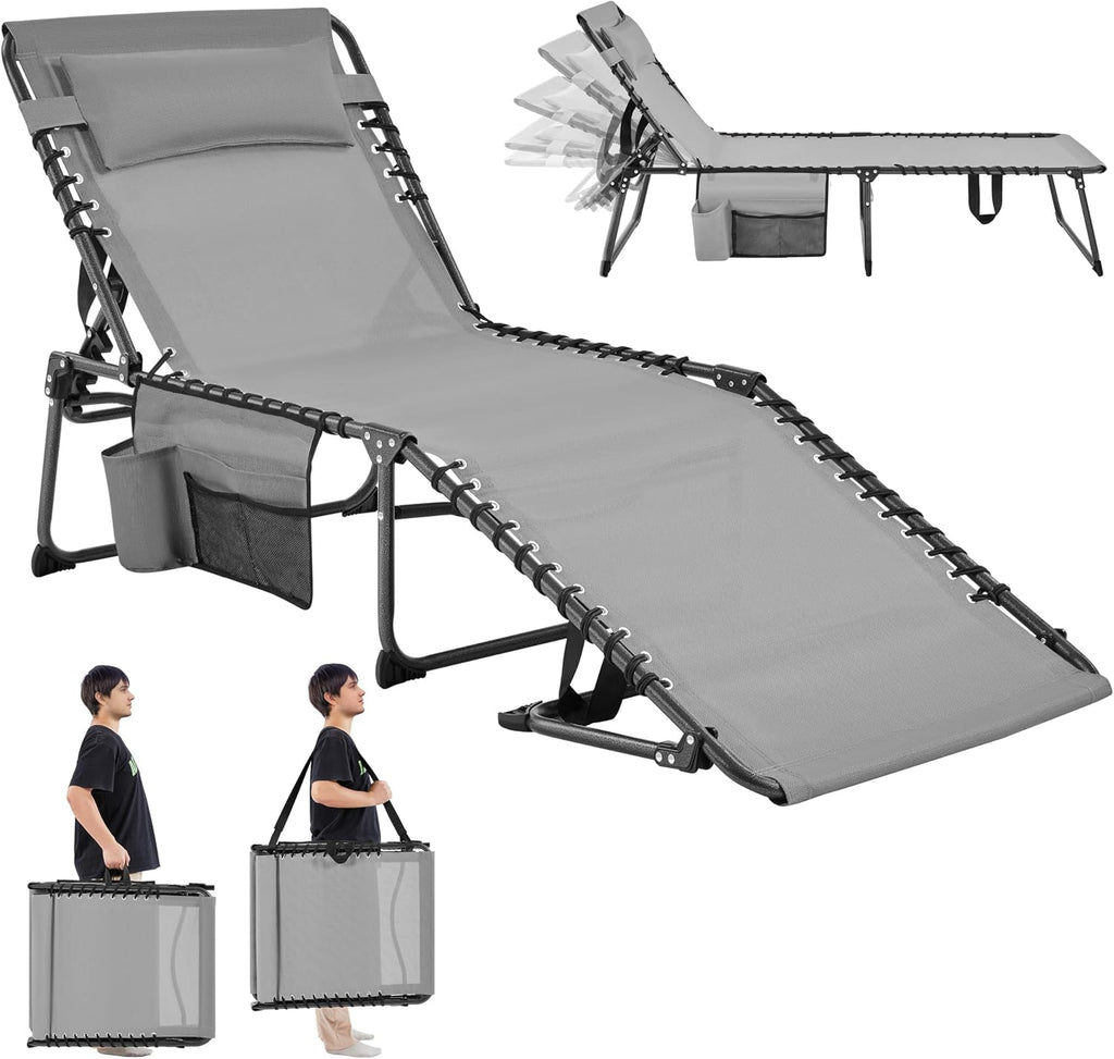 Yaheetech 26.4" Outdoor Folding Tanning Chair 5-Position Adjustable, Gray | Waterproof Texteline Fabric, 300lb Weight Capacity, Side Storage Pocket for Beach Patio Backyard Outdoor Use