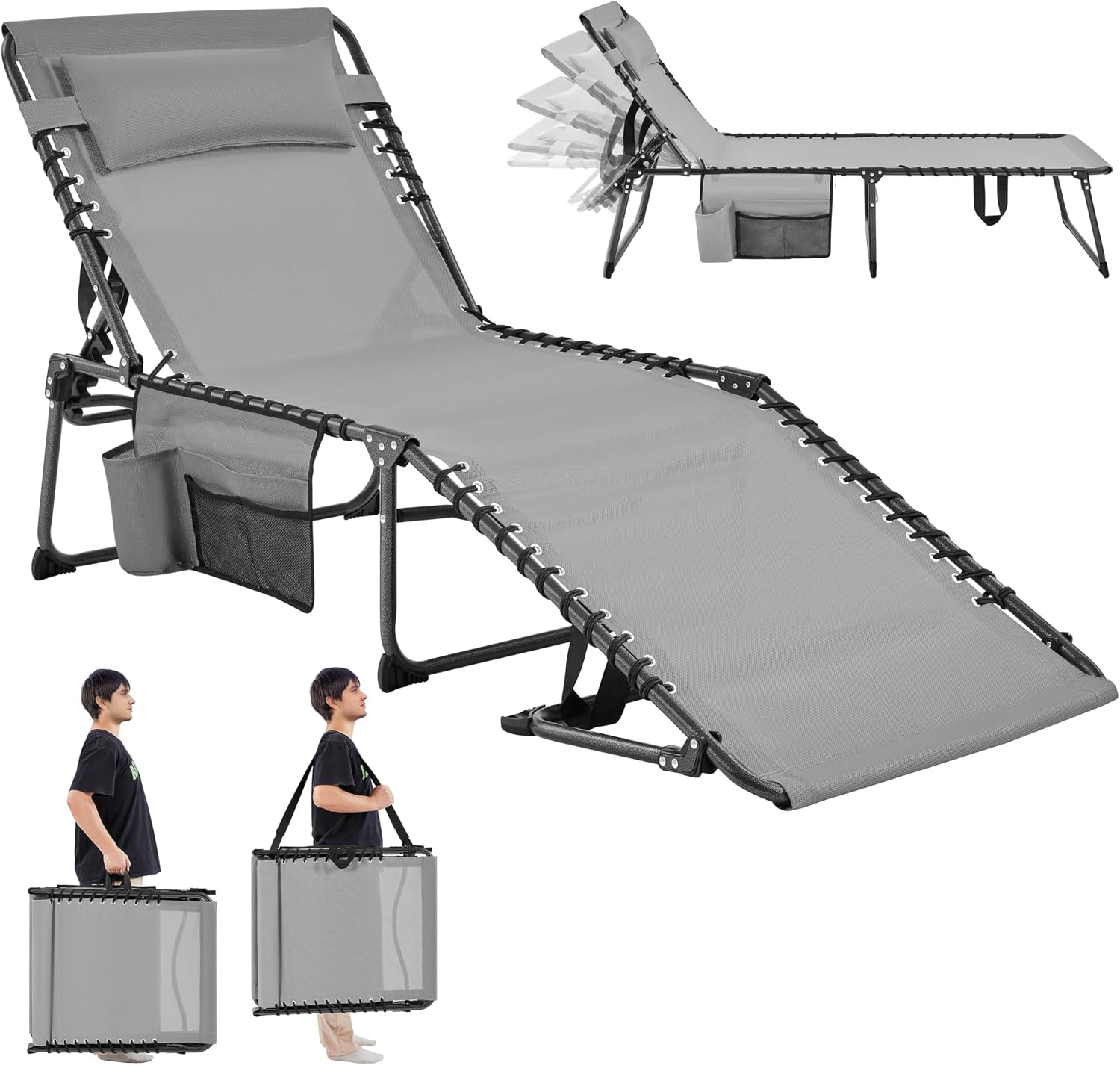 Yaheetech 26.4" Outdoor Folding Tanning Chair 5-Position Adjustable, Gray | Waterproof Texteline Fabric, 300lb Weight Capacity, Side Storage Pocket for Beach Patio Backyard Outdoor Use