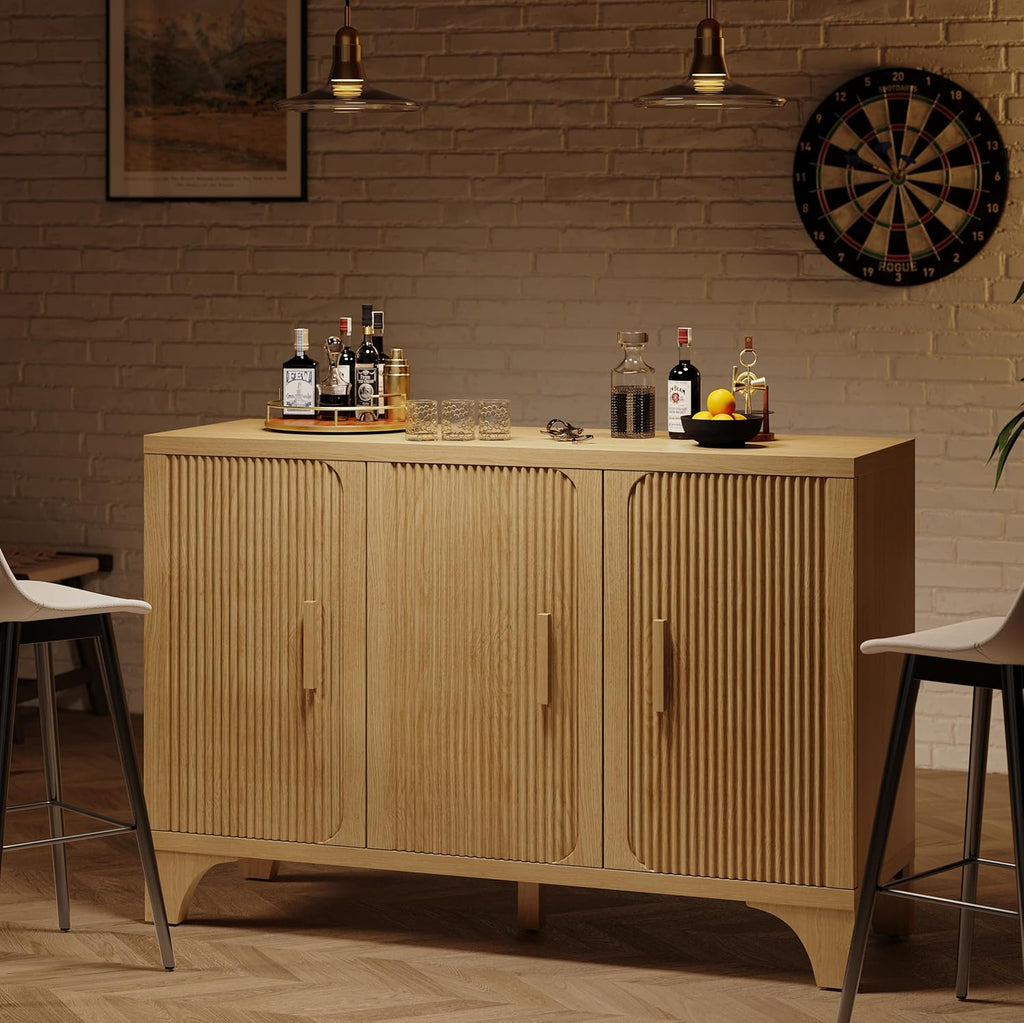 Mid Century Modern Fluted Buffet Cabinet with Storage, Accent Sideboard and Credenza Storage Cabinet with Doors, Wood Coffee Bar Console for Kitchen, Living Room (Oak, 47" 3-Door)
