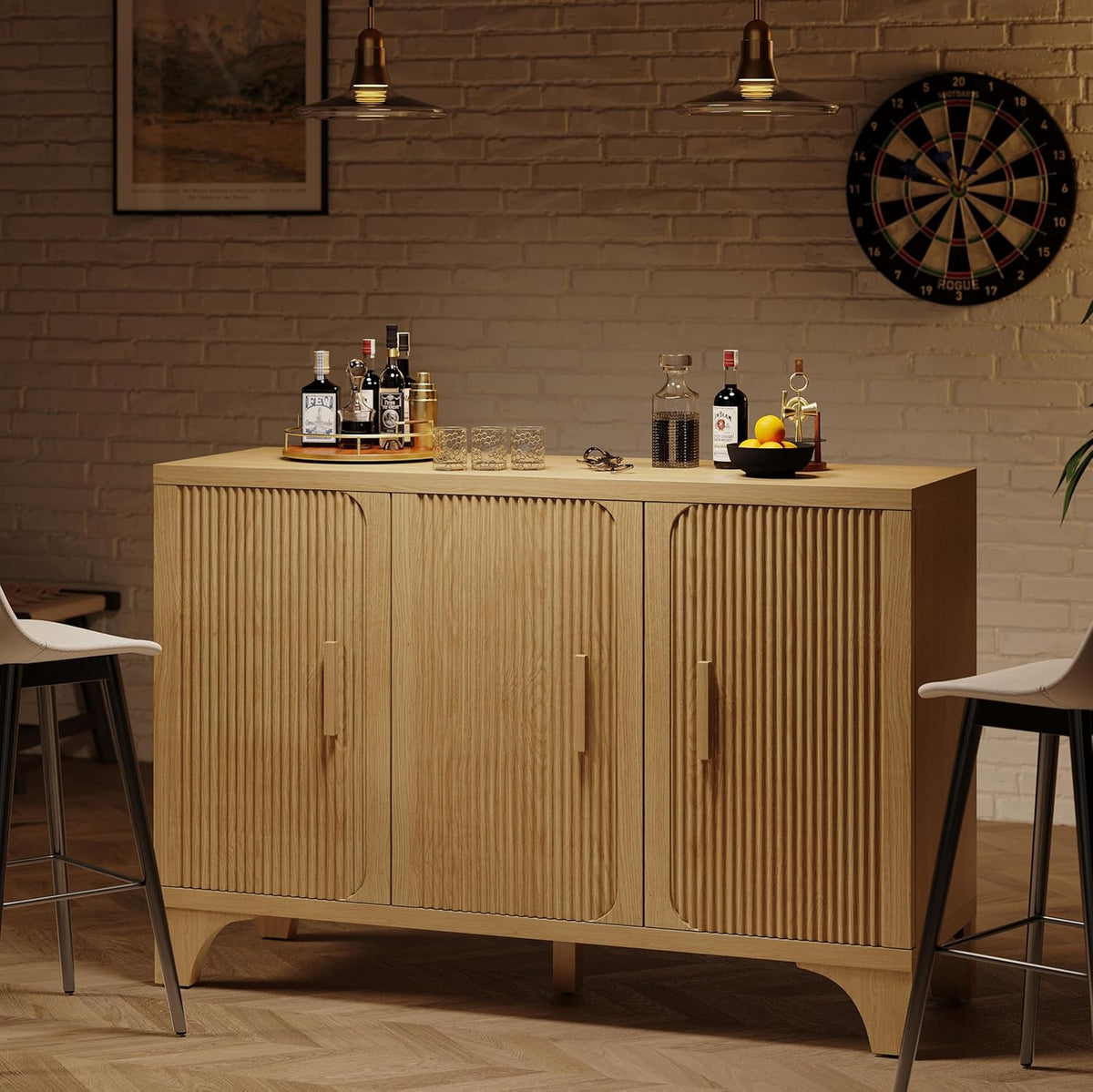 Mid Century Modern Fluted Buffet Cabinet with Storage, Accent Sideboard and Credenza Storage Cabinet with Doors, Wood Coffee Bar Console for Kitchen, Living Room (Oak, 47" 3-Door)