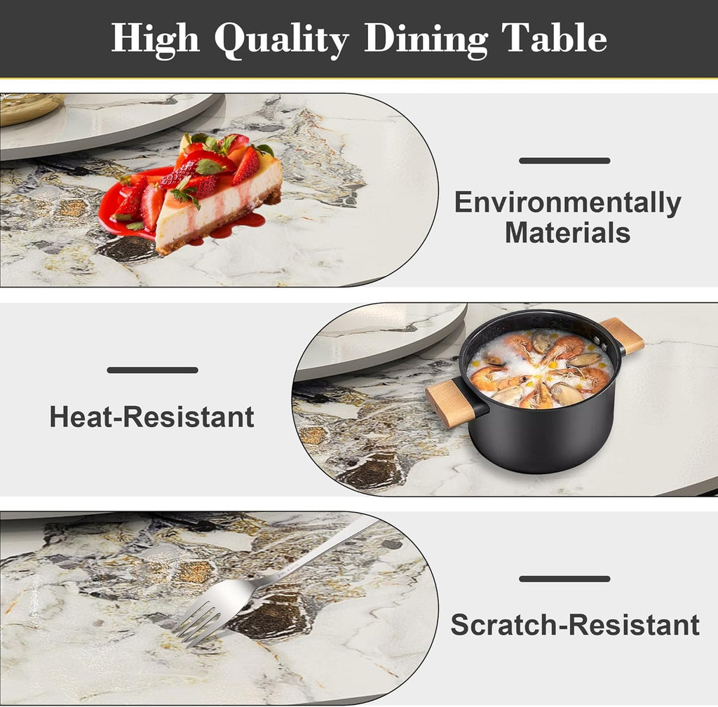 Montary 59” Modern Round Dining Table for 6-8, Artificial Marble Dining Room Table with Lazy Susan, Stainless Steel Black Titanium Hourglass Base, Sintered Stone Top Dining Table (Only Table)