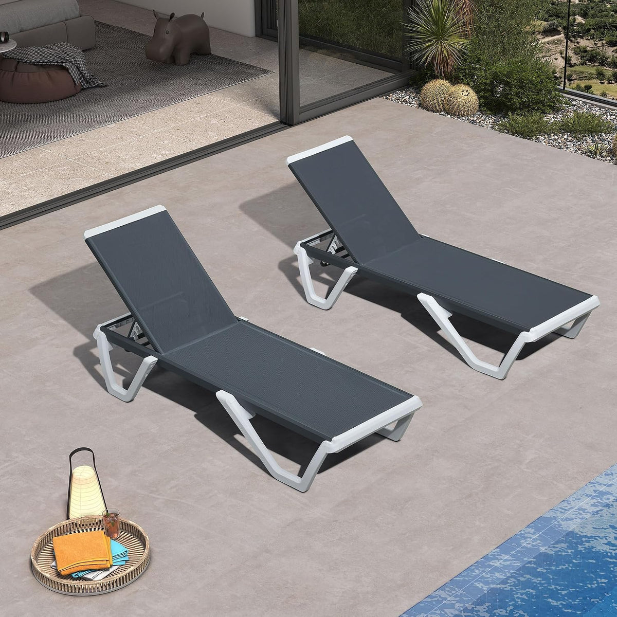 PURPLE LEAF Paiot Chaise Lounge Set of 2 Chaise Lounge w/Wheel, Dary Grey | Stain-resistant mesh wipes clean instantly, Vibrant colors match your outdoor decor, Sleek Style Elevates Your Patio