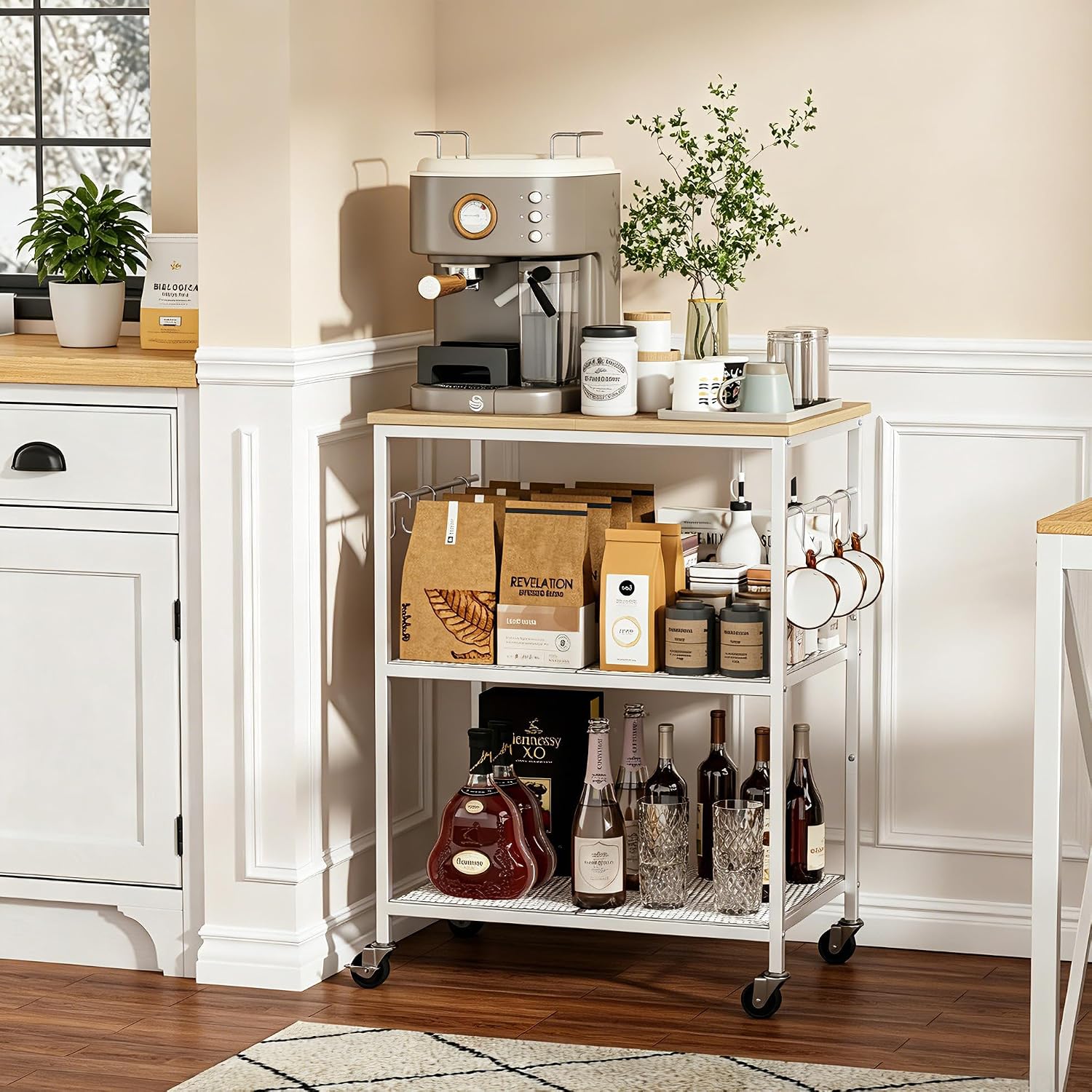 Homleke 3-Tier Rolling Kitchen Microwave Cart, Utility Cart | with Lockable Wheels Coffee Bar Table Station with 6 Hooks, Small Appliance Storage Shelf, White and Natural
