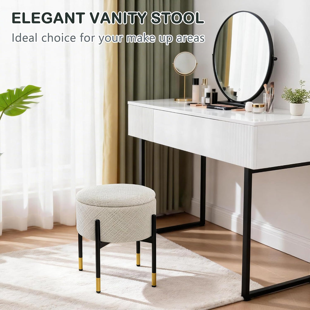 CAROLMADE Round Ottoman with Storage, Velvet Makeup Vanity Stool, Small Ottoman Foot Stool with Coffee Table and Metal Legs for Living Room, Bedroom and Dorm, Beige