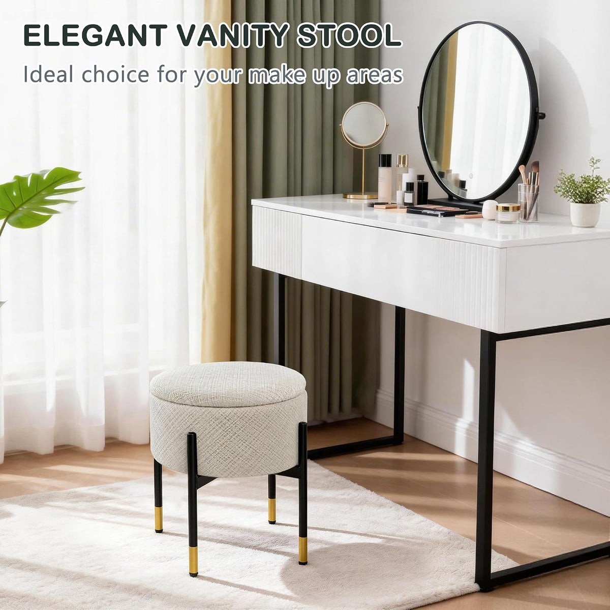 CAROLMADE Round Ottoman with Storage, Velvet Makeup Vanity Stool, Small Ottoman Foot Stool with Coffee Table and Metal Legs for Living Room, Bedroom and Dorm, Beige